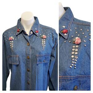 Vintage Women's Studded Gem Denim Shirt Floral Applique Western Cowgirl XL USA